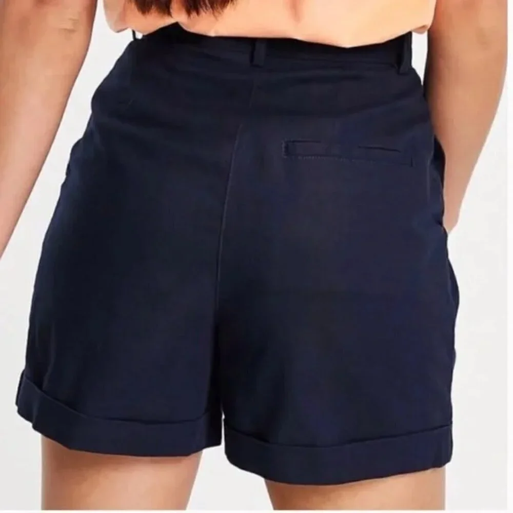 ASOS Women's Navy Blue High Waisted Shorts Pleated Cuffed Hems Size 6 Linen